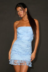 Bea Light Blue Embroidered Mesh Ruffled Mini Dress