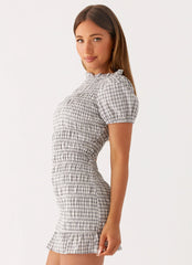 Millicent Ruched Mini Dress - Grey Check