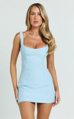 Aretha Mini Dress - Corset Panel Dress in Blue