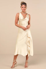 Evette Pale Yellow Satin Cowl Ruffled Handkerchief Midi Dress