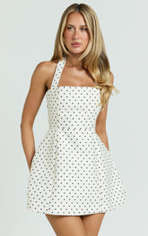 Dante Mini Dress - Halter Neck Tie Tulip Skirt Dress in White Polkadot