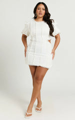 Laila Mini Linen Blend Dress - High Neck Side Cut Out Puff Sleeve Straight Dress in Off White
