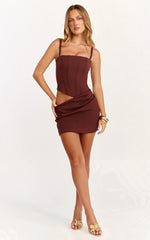 Jonas Mini Dress - Corset Bodice Draped Waist Skirt Dress in Chocolate