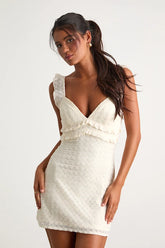 Melosa Ivory Textured Ruffled Mini Dress