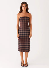 Niko Strapless Midi Dress - Brown Black Check