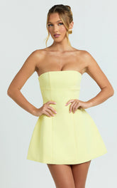 Catharine Mini Dress - Strapless A Line Dress in Lemon