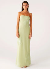 Sassafras Beaded Flower Strapless Maxi Dress - Lime