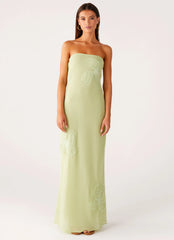Sassafras Beaded Flower Strapless Maxi Dress - Lime
