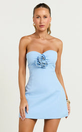 Odelle Mini Dress - Tulip Hem Cut Out 3D Floral Dress in Blue