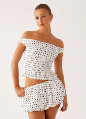 Heather Off Shoulder Top - White Black Polka Dot