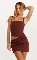 Jonas Mini Dress - Corset Bodice Draped Waist Skirt Dress in Chocolate
