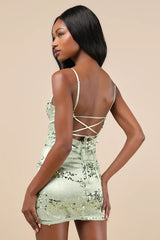 Riveting Shine Light Sage Green Lace Sequin Lace-Up Mini Dress