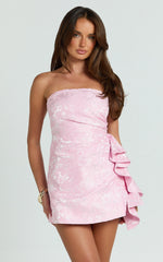Laila Mini Dress - Jacquard Strapless Fit And Flare Dress in Pink