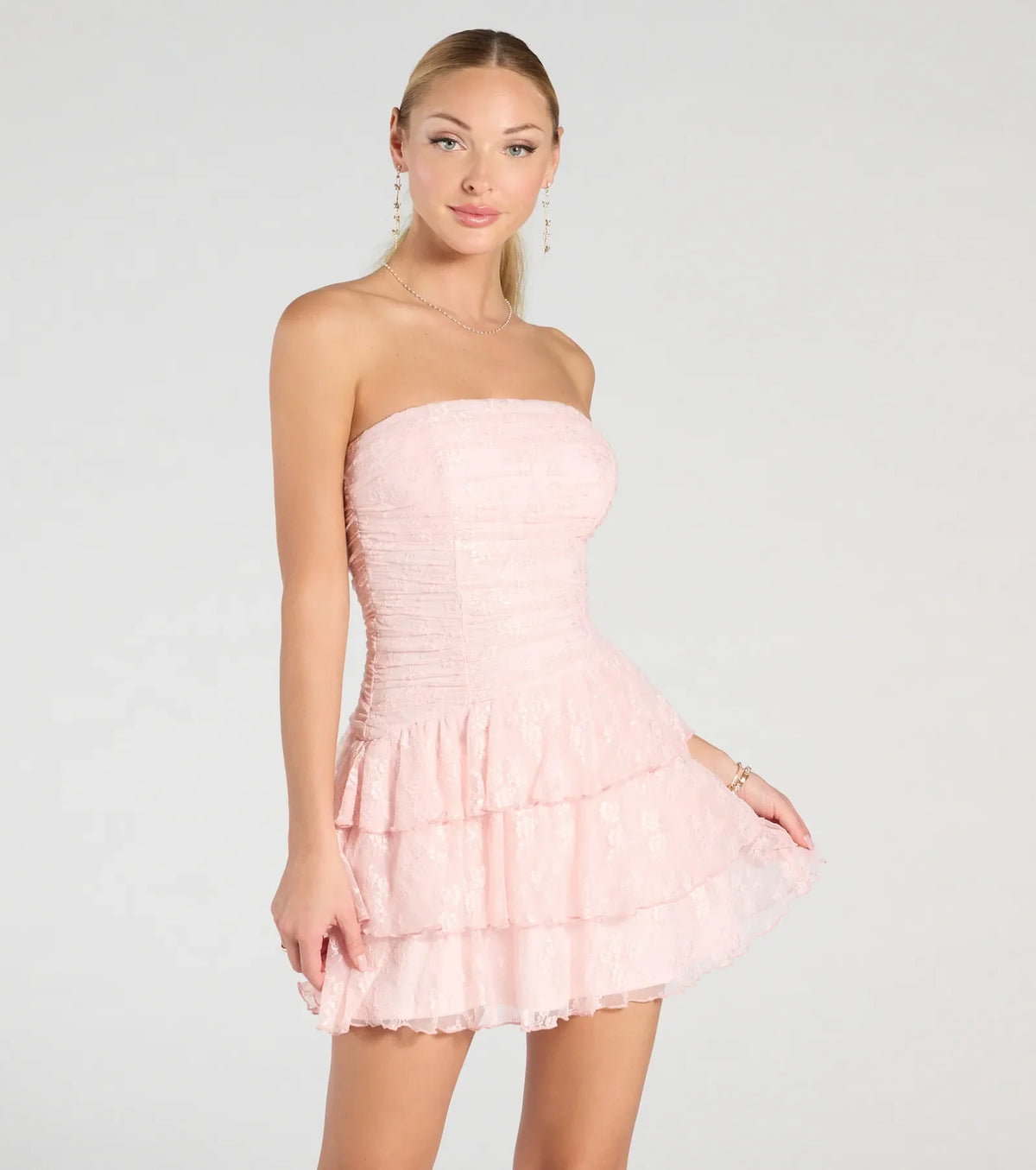 Lovely Nights Strapless Lace Ruffle Skater Dress