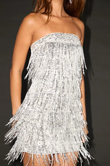 Shanelle Silver Sequin Fringe Strapless Mini Dress