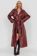 Longline Faux Leather Trench Coat Burgundy