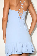Nihira Light Blue Tiered Lace-Up Mini Dress