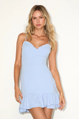 Nihira Light Blue Tiered Lace-Up Mini Dress