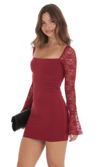 Lace Long Sleeve Bodycon Dress in Maroon
