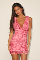 Kattie Pink Floral Mesh Ruched Mini Dress