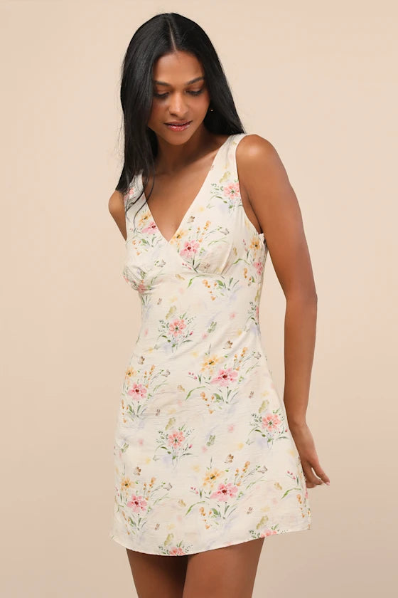 Jaziel Ivory Floral Sleeveless Mini Dress