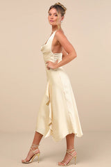 Evette Pale Yellow Satin Cowl Ruffled Handkerchief Midi Dress